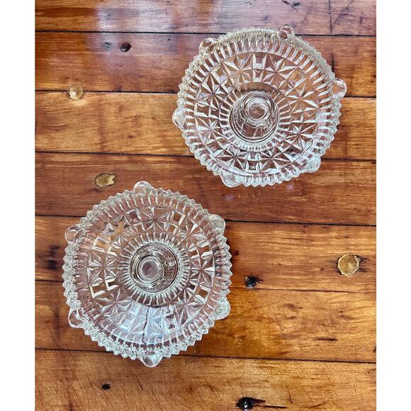 Vintage Set if 2 Anchor Hocking Pressed Glass Stars & Bars Clear Candle Holders - Picture 5 of 5